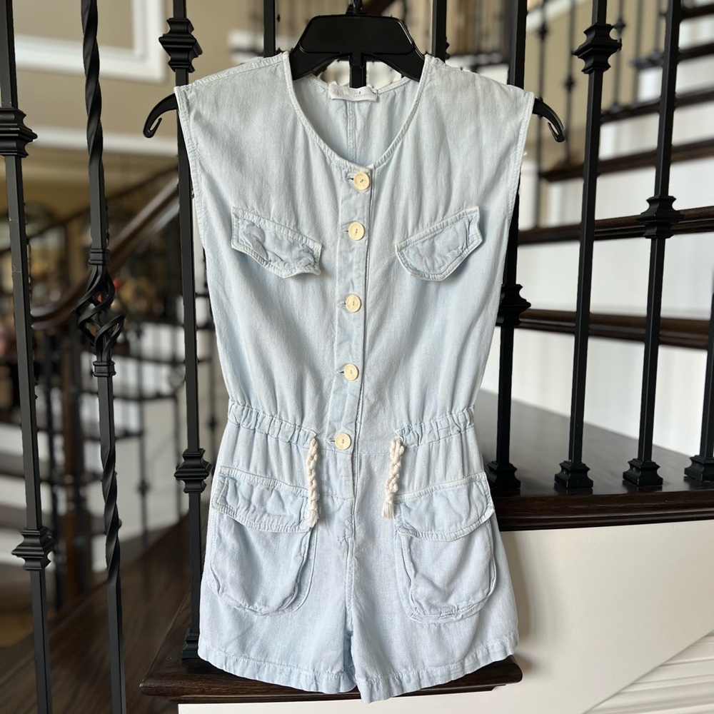 Zara Girls Light Wash Denim Romper Sleeveless Drawstring Utility Sz 9 8/9